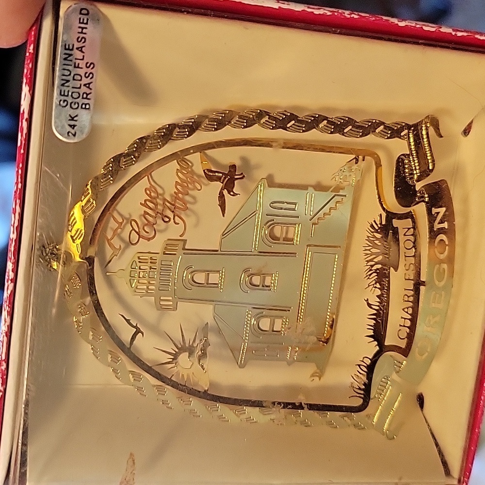Lighthouse Christmas Ornament Charleston Oregon Cut Out Gold Flashed
